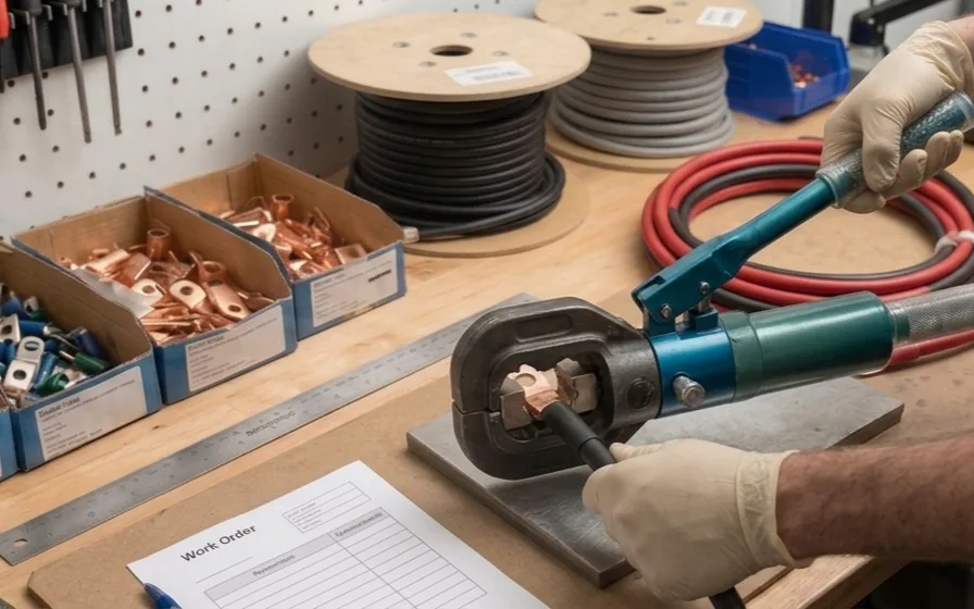 Sertissage à la pince hydraulique d'une cosse cuivre sur un câble de batterie rouge et noir, entouré de bobines de câble et de cosses tubulaires et à œillet classées par taille