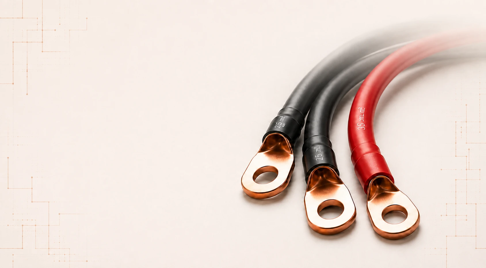 Trois câbles de batterie entrelacés (deux noirs, un rouge) avec cosses à œillet en cuivre, motif circuit imprimé décoratif